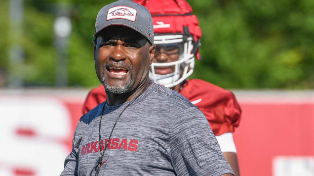 Razorbacks co-defensive coordinator Marcus Woodson at practice Wednesday morning